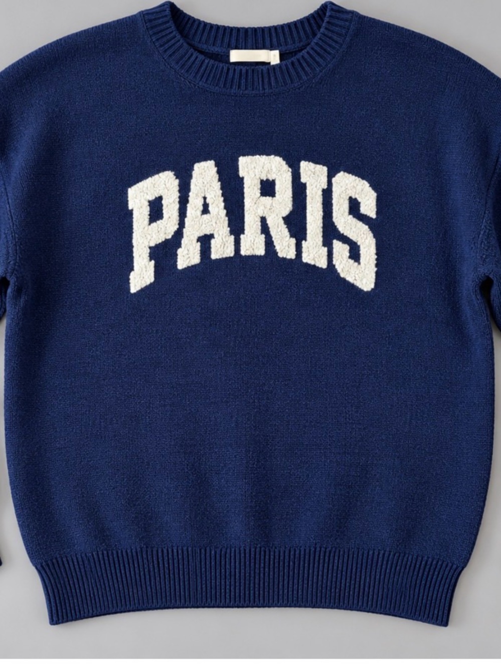 Pink Rose Navy Sweatshirt with White 'PARIS' Chenille Lettering